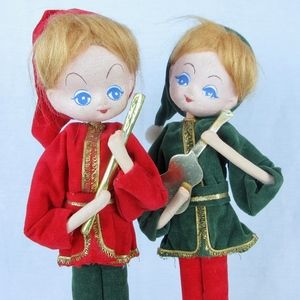 Pair of Christmas Elf Musicians, Soft Sculpture